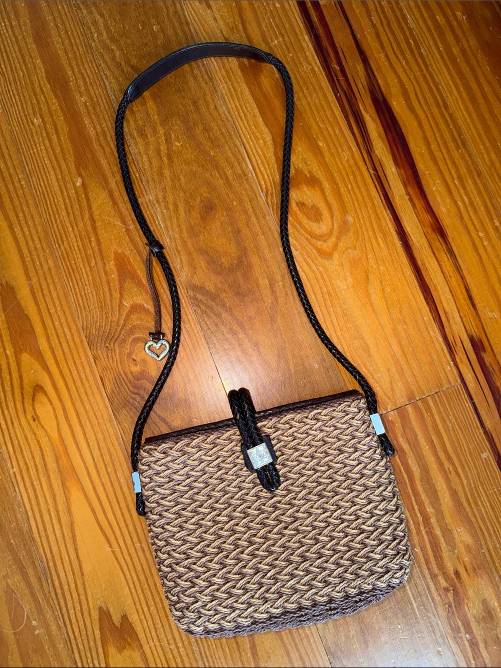 Vintage Brighton Straw Crossbody Bag with Brown Trim